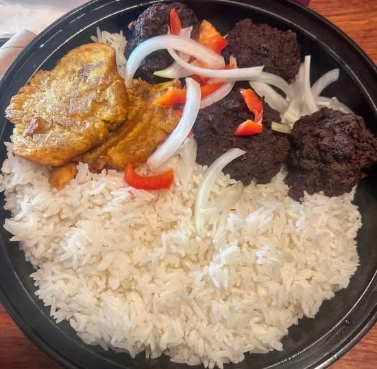 Haitian Boulet(Meatballs)  [served with plantain and 1 choice of white rice, rice and beans,  djondjon rice or  white rice and (beans sauce $ 2 extra)].